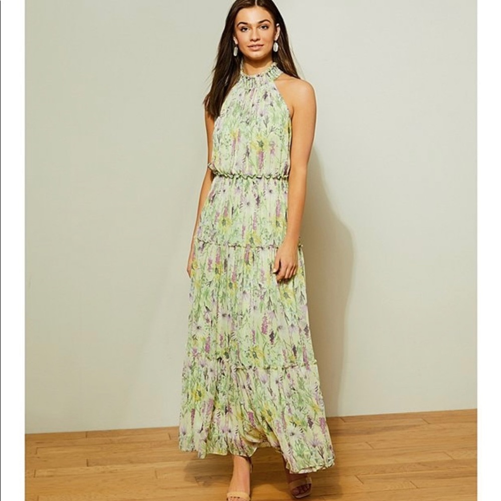 Chiffon floral print smocked halter mock neck tiered sleeveless dress